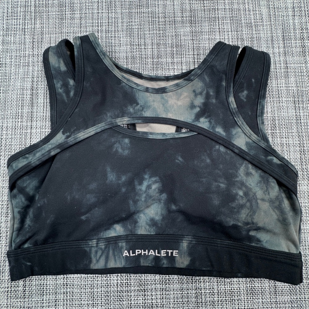 Alphalete Womens Approx M Sports Bra Black Gray Tie Dye Keyhole Cutout Racerback